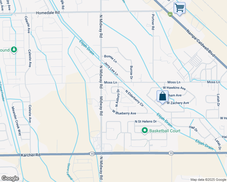 map of restaurants, bars, coffee shops, grocery stores, and more near 16424 North Elderberry Circle in Nampa