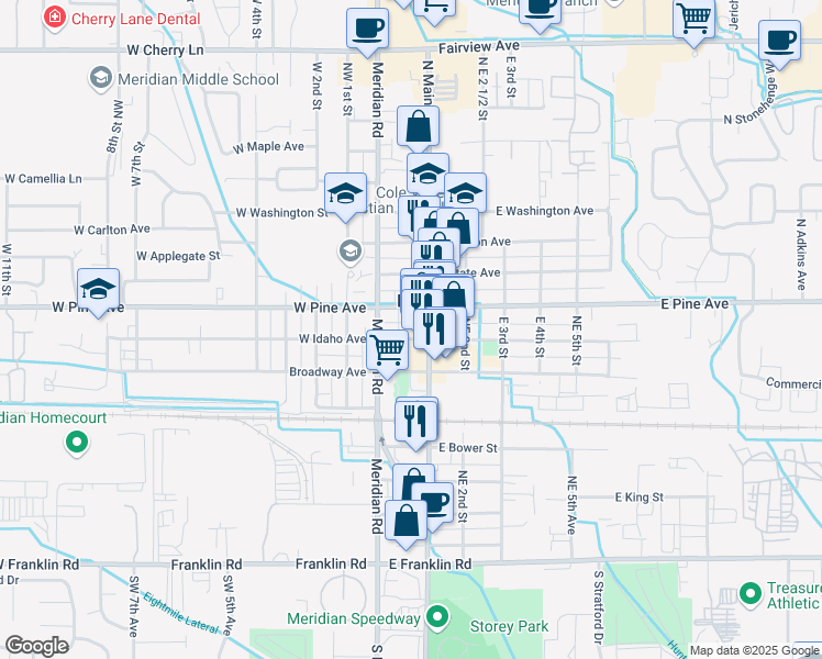 map of restaurants, bars, coffee shops, grocery stores, and more near 58 East Idaho Avenue in Meridian