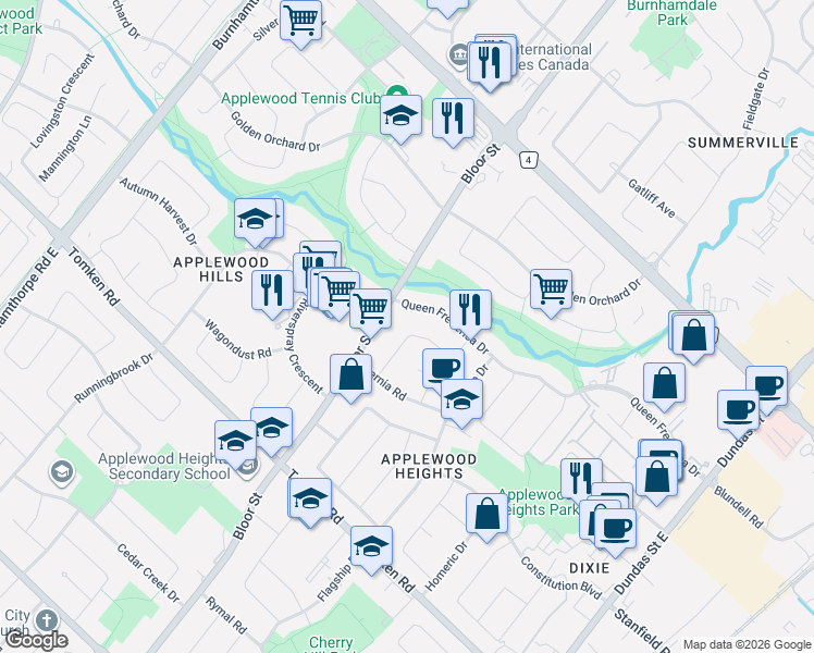 map of restaurants, bars, coffee shops, grocery stores, and more near 1167 Saturnia Crescent in Mississauga