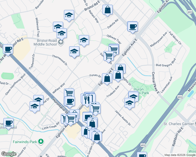 map of restaurants, bars, coffee shops, grocery stores, and more near in Mississauga