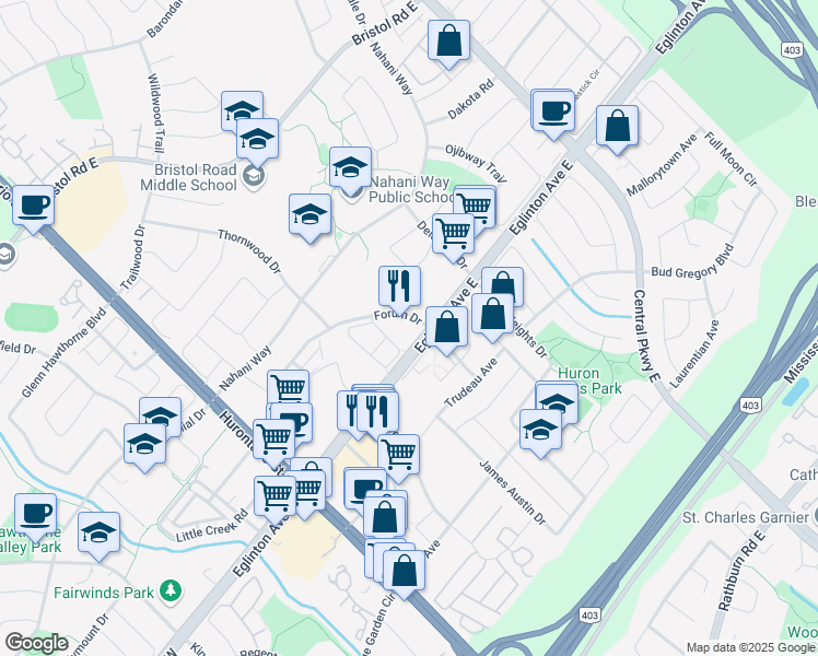 map of restaurants, bars, coffee shops, grocery stores, and more near 220 Forum Drive in Mississauga