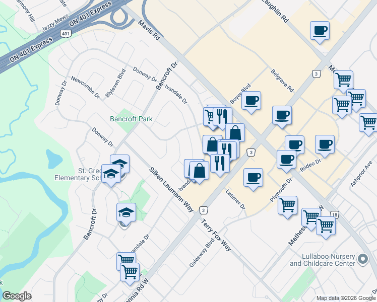 map of restaurants, bars, coffee shops, grocery stores, and more near 6175 Ford Road in Mississauga