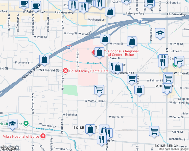 map of restaurants, bars, coffee shops, grocery stores, and more near 711 North Curtis Road in Boise