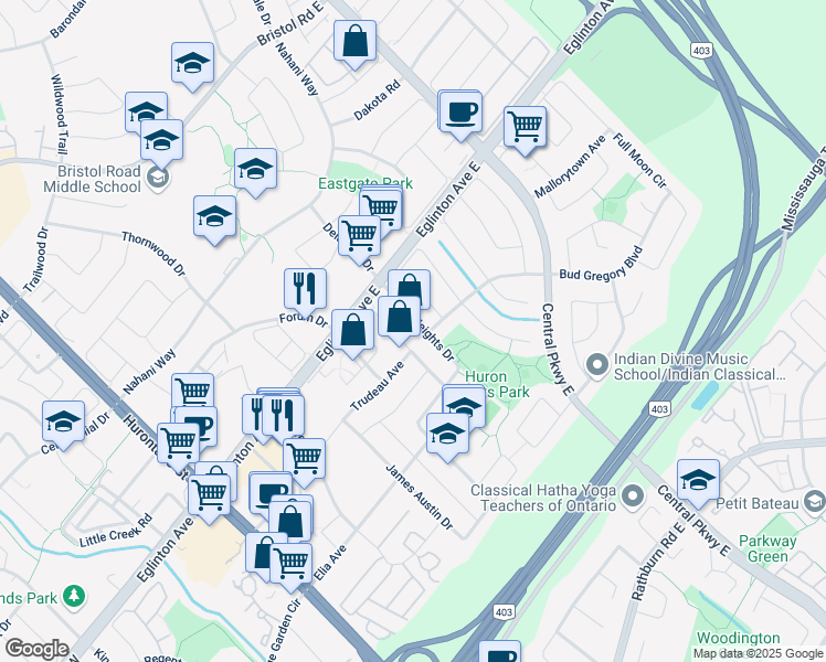 map of restaurants, bars, coffee shops, grocery stores, and more near 4948 Huron Heights Drive in Mississauga