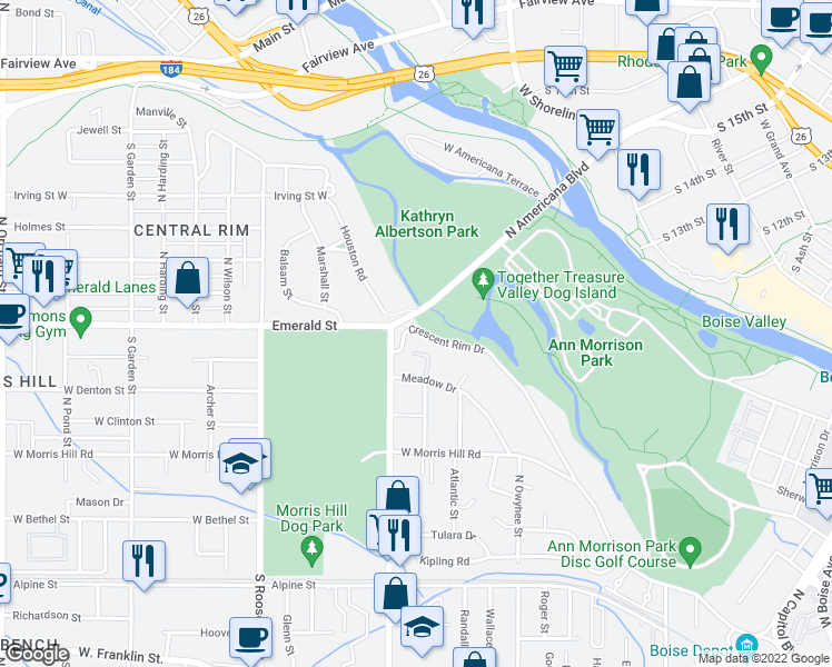 map of restaurants, bars, coffee shops, grocery stores, and more near 3701 Crescent Rim Drive in Boise