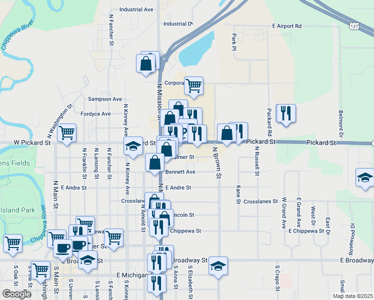 map of restaurants, bars, coffee shops, grocery stores, and more near 1000 East Pickard Street in Mount Pleasant