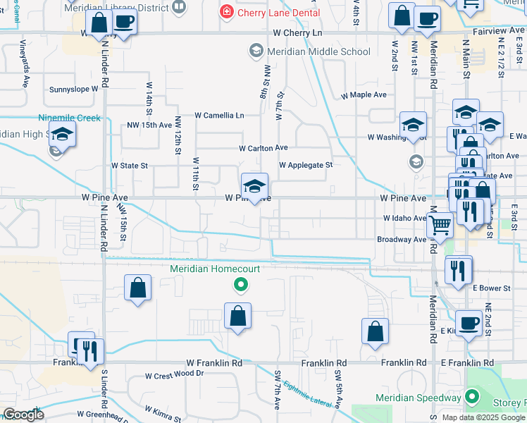 map of restaurants, bars, coffee shops, grocery stores, and more near 816 West 8th Street in Meridian