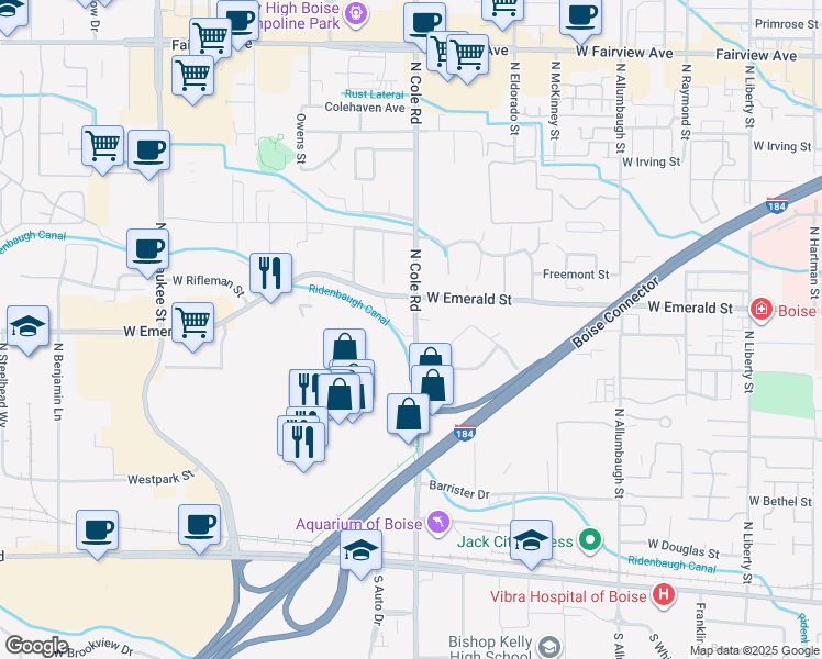 map of restaurants, bars, coffee shops, grocery stores, and more near 709 North Cole Road in Boise
