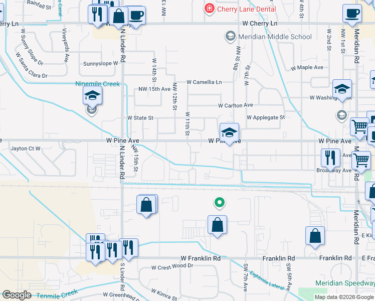map of restaurants, bars, coffee shops, grocery stores, and more near 1069 West Pine Avenue in Meridian