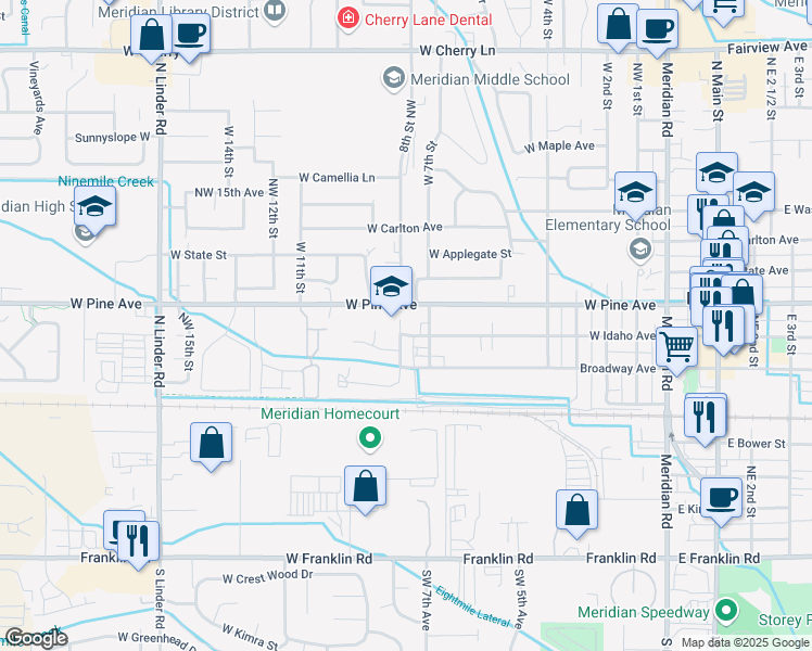 map of restaurants, bars, coffee shops, grocery stores, and more near 818 West 8th Street in Meridian