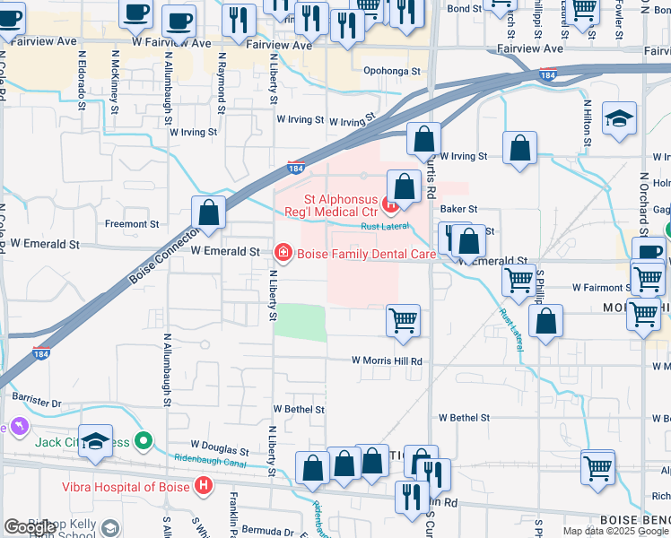 map of restaurants, bars, coffee shops, grocery stores, and more near 6165 West Emerald Street in Boise
