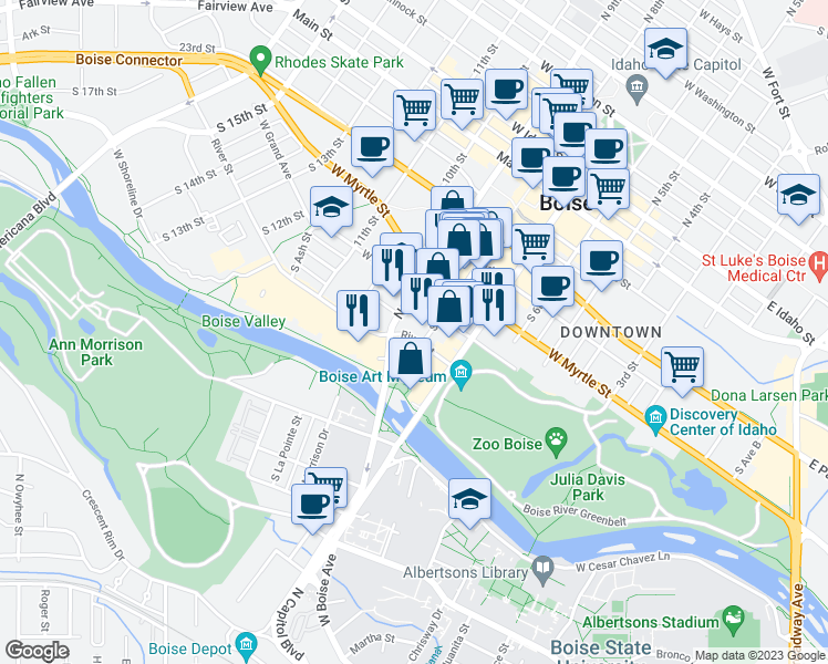 map of restaurants, bars, coffee shops, grocery stores, and more near 701 South 8th Street in Boise