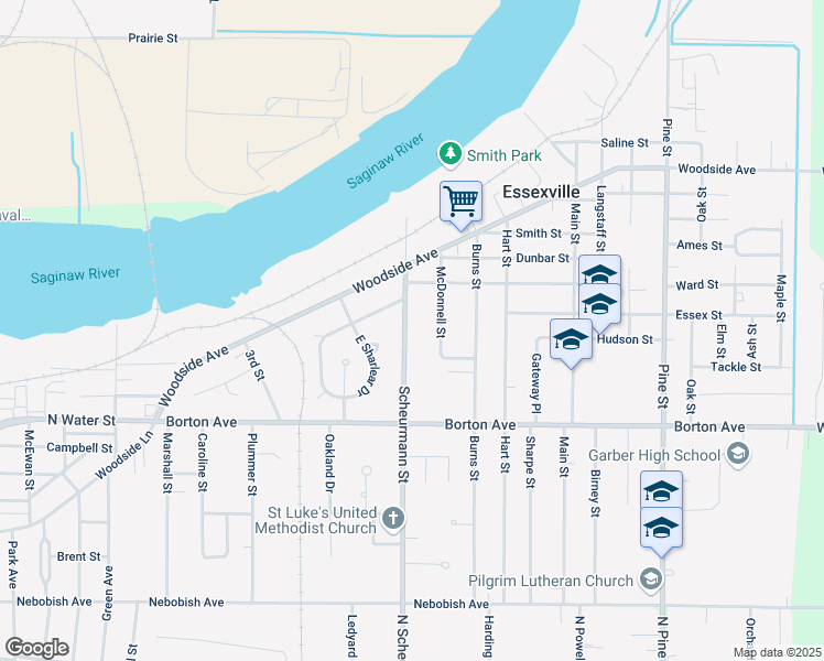 map of restaurants, bars, coffee shops, grocery stores, and more near 701 Scheurmann Street in Essexville