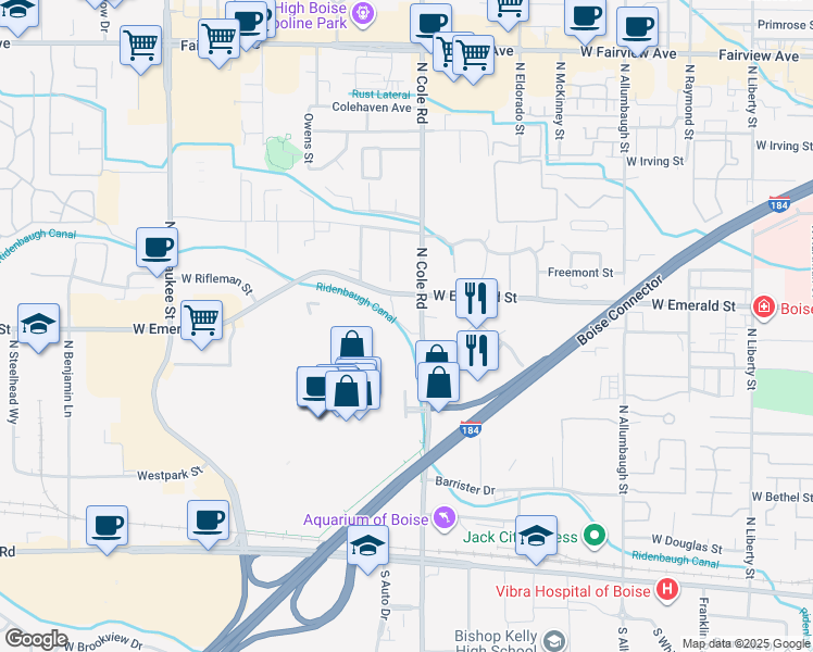 map of restaurants, bars, coffee shops, grocery stores, and more near 709 North Cole Road in Boise