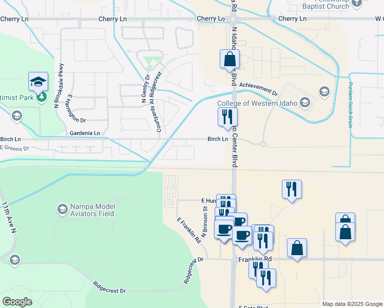 map of restaurants, bars, coffee shops, grocery stores, and more near 6155 East Nine Iron Lane in Nampa