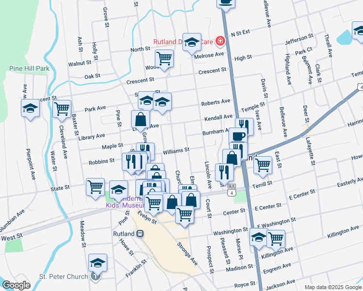 map of restaurants, bars, coffee shops, grocery stores, and more near 52 Williams Street in Rutland