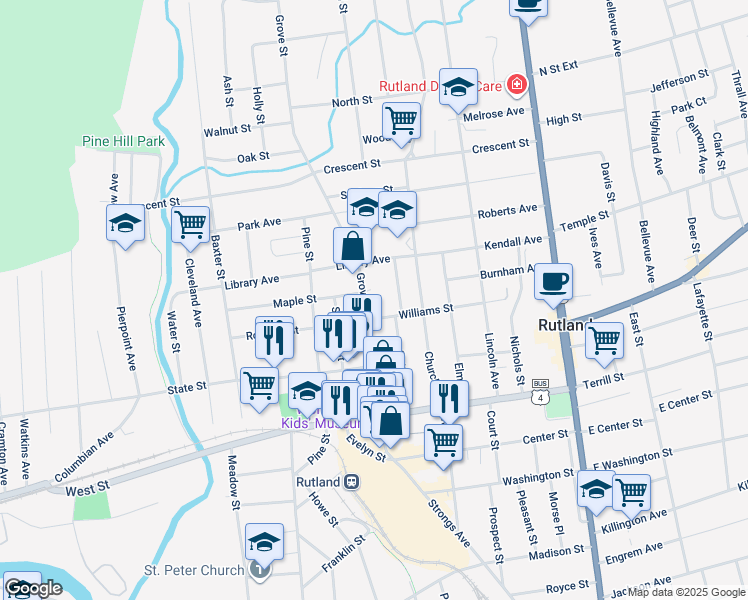 map of restaurants, bars, coffee shops, grocery stores, and more near 74 Grove Street in Rutland