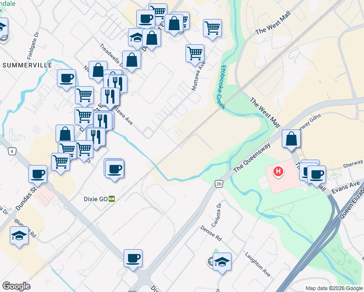 map of restaurants, bars, coffee shops, grocery stores, and more near 2385 Loreland Avenue in Mississauga