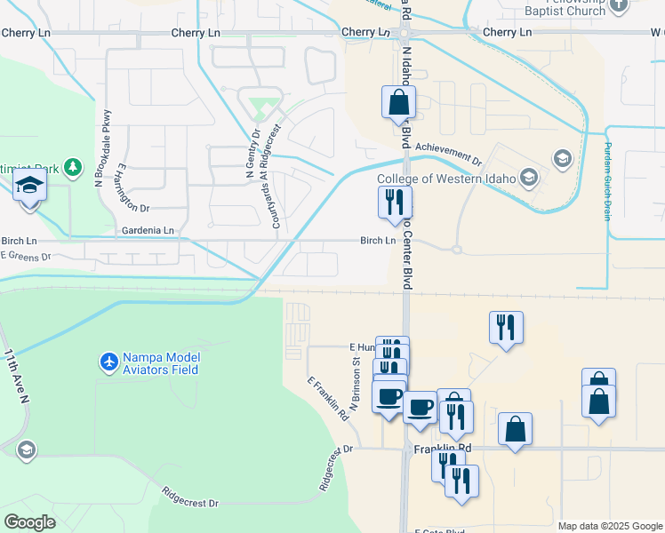 map of restaurants, bars, coffee shops, grocery stores, and more near 6185 East Medalist Lane in Nampa