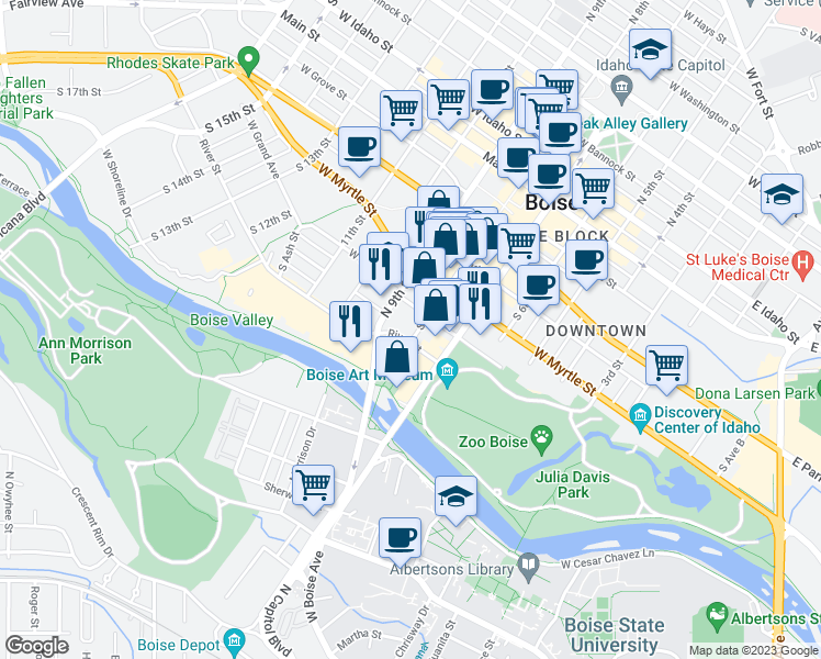 map of restaurants, bars, coffee shops, grocery stores, and more near 611 South 8th Street in Boise