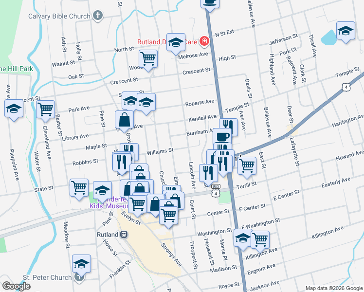 map of restaurants, bars, coffee shops, grocery stores, and more near 38 Williams Street in Rutland