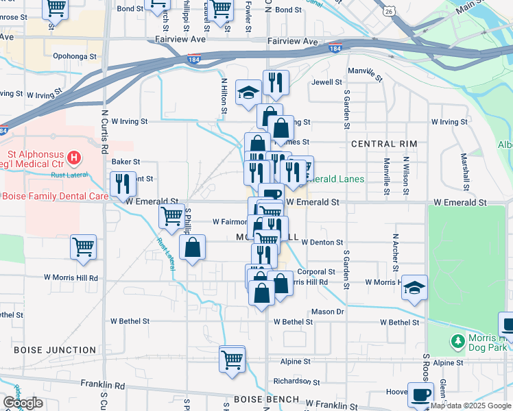 map of restaurants, bars, coffee shops, grocery stores, and more near 5012 West Fairmont Street in Boise