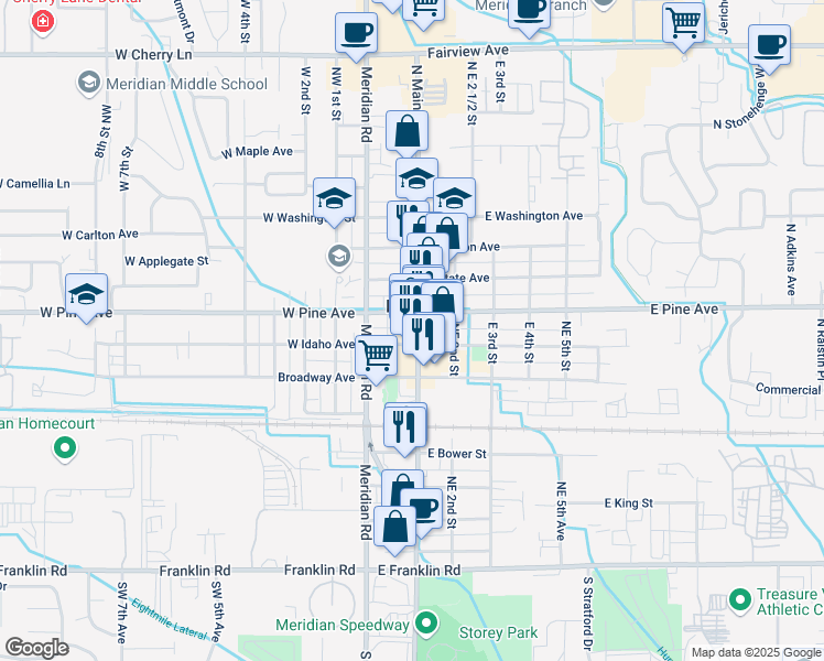 map of restaurants, bars, coffee shops, grocery stores, and more near 815 North Main Street in Meridian