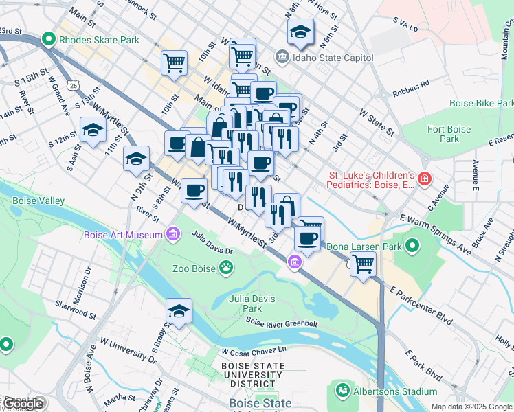 map of restaurants, bars, coffee shops, grocery stores, and more near 401 South 5th Street in Boise