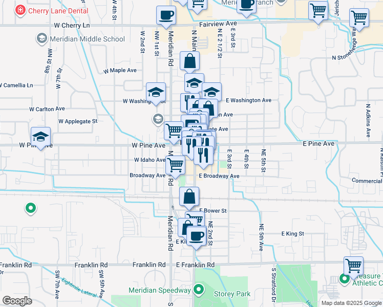 map of restaurants, bars, coffee shops, grocery stores, and more near 815 North Main Street in Meridian
