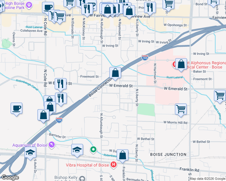 map of restaurants, bars, coffee shops, grocery stores, and more near 777 North Raymond Street in Boise