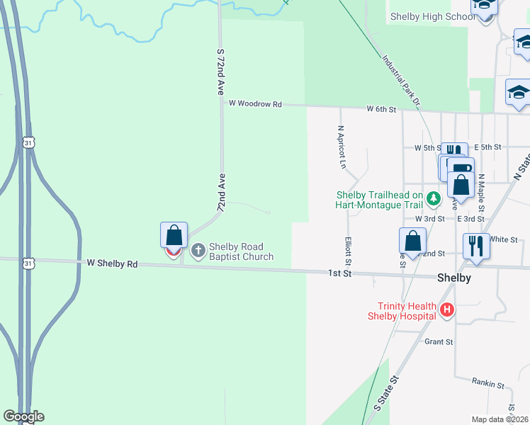 map of restaurants, bars, coffee shops, grocery stores, and more near 1876 72nd Avenue in Shelby