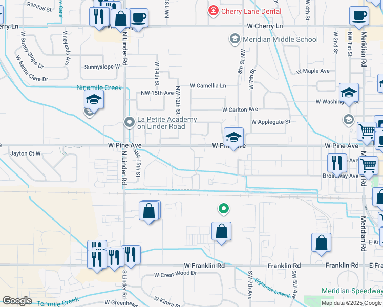 map of restaurants, bars, coffee shops, grocery stores, and more near 1071 West Pine Avenue in Meridian