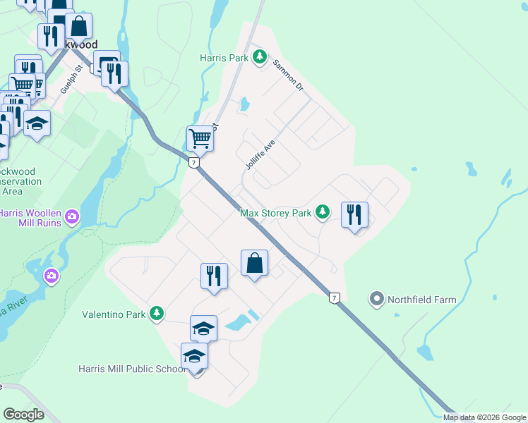 map of restaurants, bars, coffee shops, grocery stores, and more near 0100 Ridge Road in Wellington County