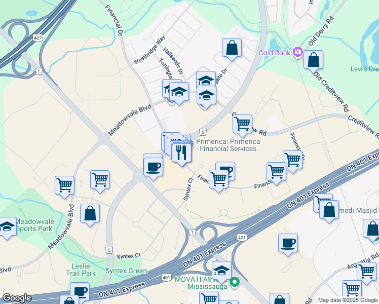 map of restaurants, bars, coffee shops, grocery stores, and more near 6985 Financial Drive in Mississauga