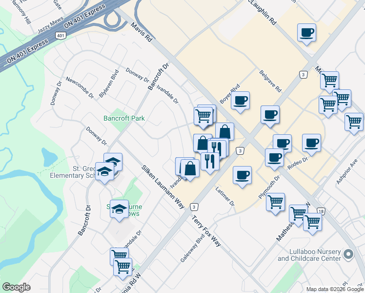 map of restaurants, bars, coffee shops, grocery stores, and more near 6177 Ford Road in Mississauga