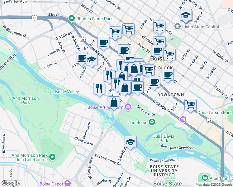 map of restaurants, bars, coffee shops, grocery stores, and more near 701 South 8th Street in Boise