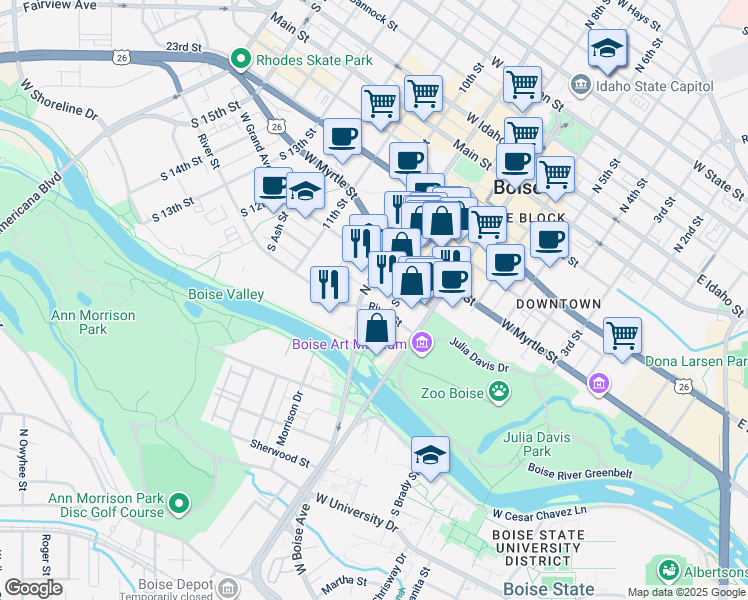map of restaurants, bars, coffee shops, grocery stores, and more near 701 South 8th Street in Boise