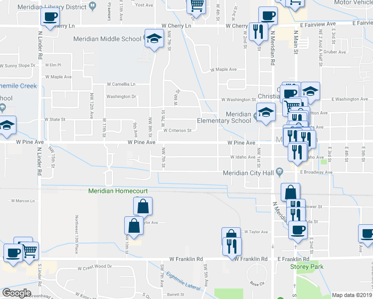 map of restaurants, bars, coffee shops, grocery stores, and more near 561 West Idaho Avenue in Meridian