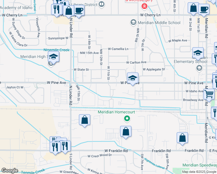 map of restaurants, bars, coffee shops, grocery stores, and more near 1067 West Pine Avenue in Meridian