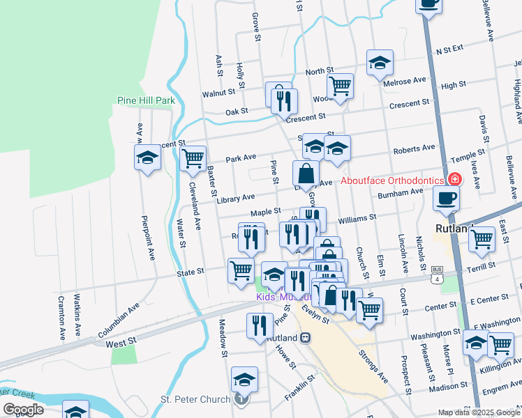 map of restaurants, bars, coffee shops, grocery stores, and more near 112 Maple Street in Rutland
