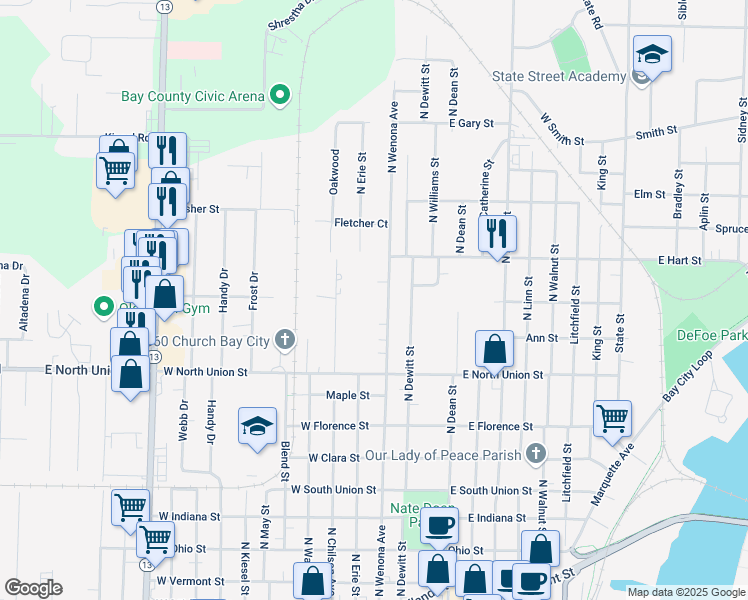 map of restaurants, bars, coffee shops, grocery stores, and more near 919 North Wenona Avenue in Bay City