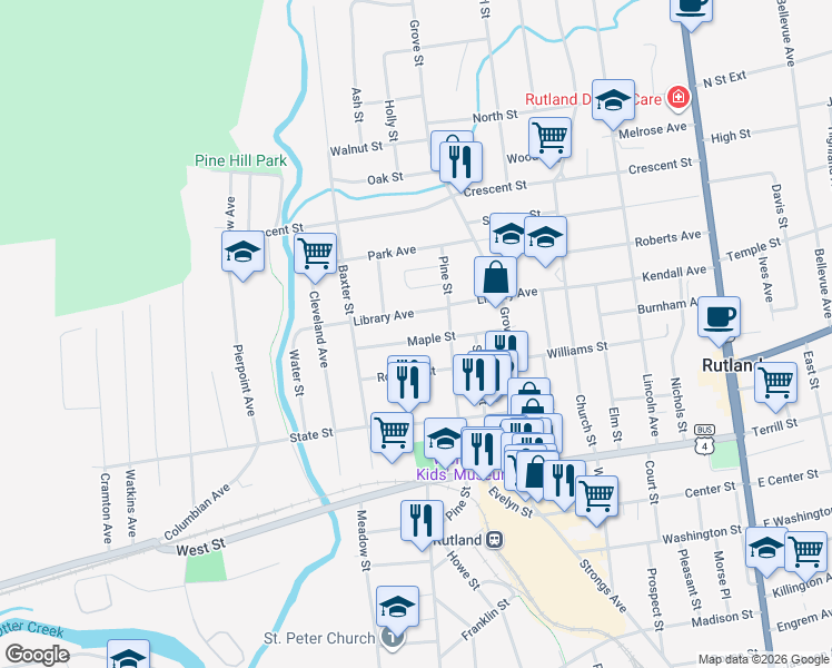 map of restaurants, bars, coffee shops, grocery stores, and more near 130 Maple Street in Rutland