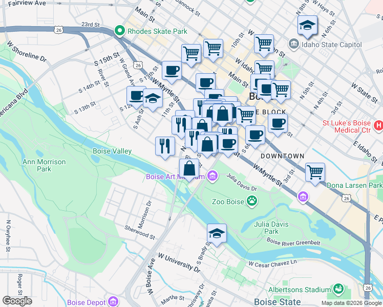 map of restaurants, bars, coffee shops, grocery stores, and more near 611 South 8th Street in Boise