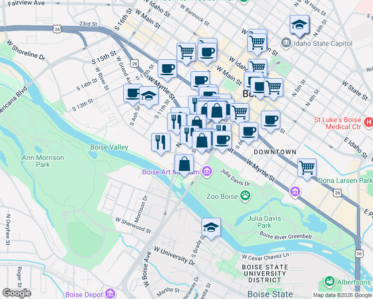 map of restaurants, bars, coffee shops, grocery stores, and more near 611 South 8th Street in Boise