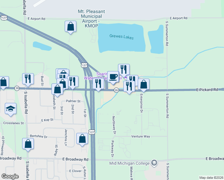 map of restaurants, bars, coffee shops, grocery stores, and more near 5655 East Pickard Street in Mount Pleasant