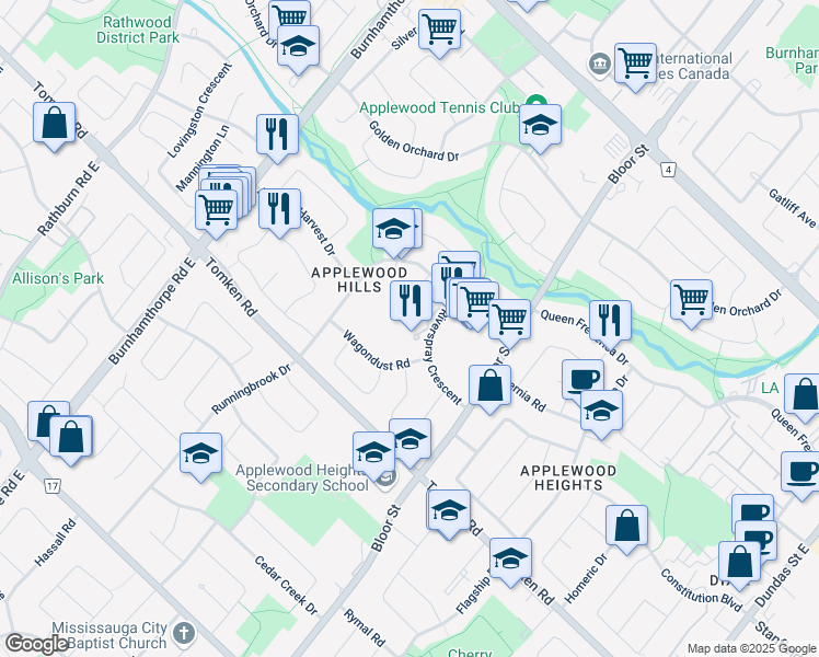 map of restaurants, bars, coffee shops, grocery stores, and more near 3400 Riverspray Crescent in Mississauga