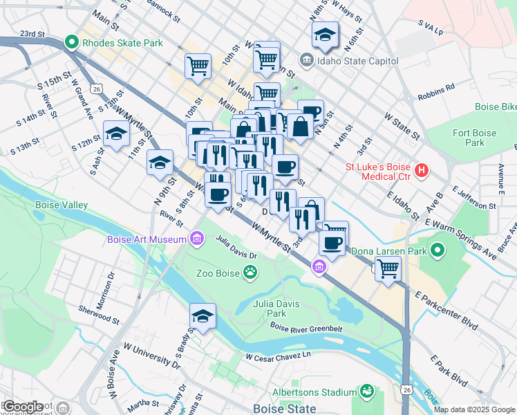 map of restaurants, bars, coffee shops, grocery stores, and more near 401 South 5th Street in Boise