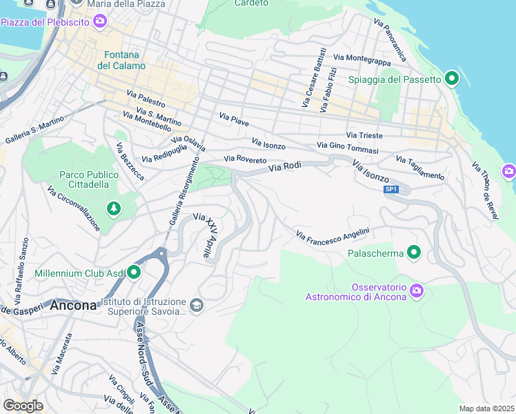 map of restaurants, bars, coffee shops, grocery stores, and more near 83-87 Via XXV Aprile in Ancona