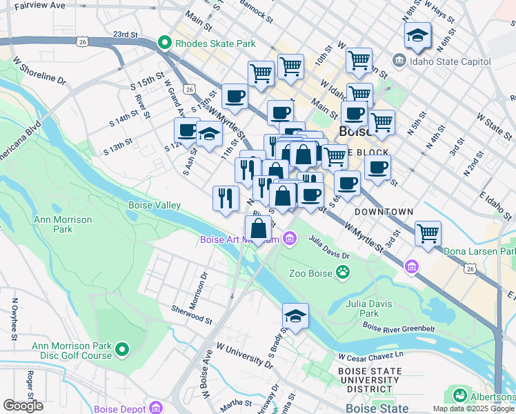 map of restaurants, bars, coffee shops, grocery stores, and more near 701 South 8th Street in Boise