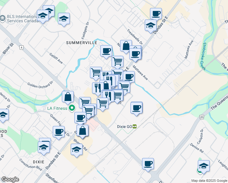 map of restaurants, bars, coffee shops, grocery stores, and more near 1492 Dundas Street East in Mississauga
